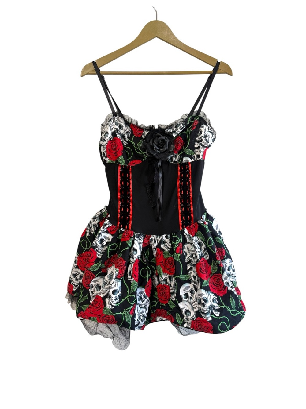 Lip Service Size XL Black Red Skull Rose Print Milkmaid Mini Dress Grunge Punk